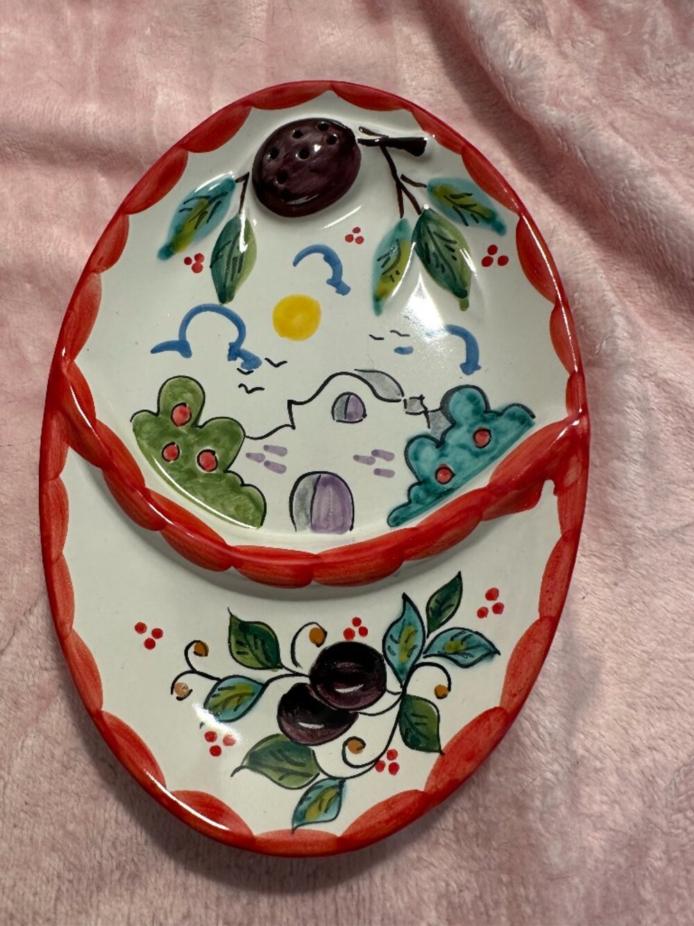 Hand Made and signed Mediterranean-style ceramic olive serving dish